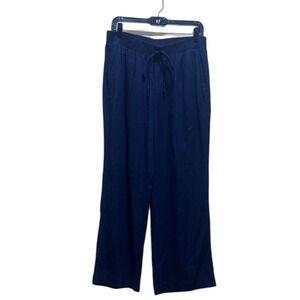 BRIGGS Women's Pants L Navy Linen Rayon Wide Leg Indie Boho Lagenlook Casual